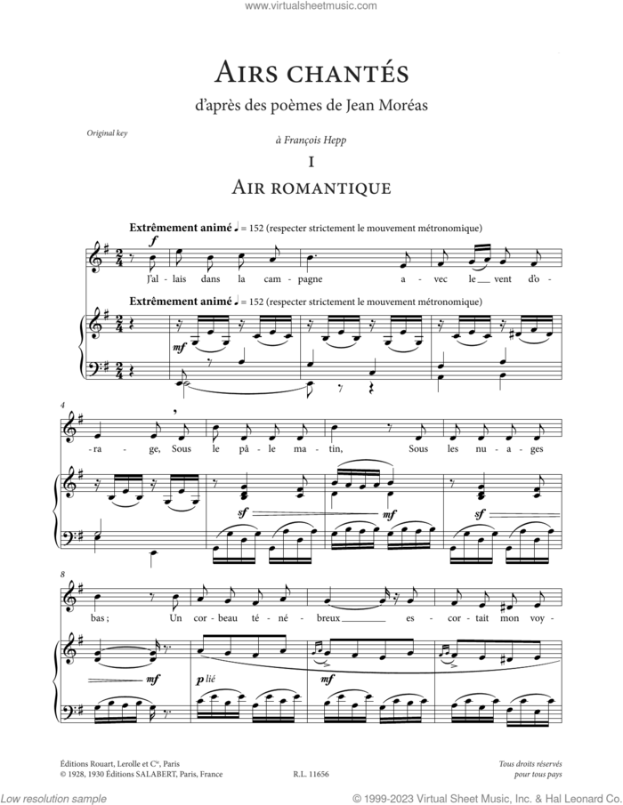 Airs chantes (High Voice) sheet music for voice and piano (High Voice) by Francis Poulenc and Jean Moreas, classical score, intermediate skill level