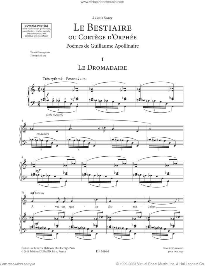 Le Bestiaire ou le Cortege d'Orphee (High Voice) sheet music for voice and piano (High Voice) by Francis Poulenc and Guillaume Apollinaire, classical score, intermediate skill level