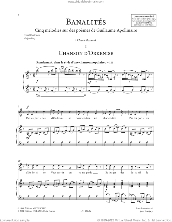 Banalites sheet music for voice and piano by Francis Poulenc and Guillaume Apollinaire, classical score, intermediate skill level