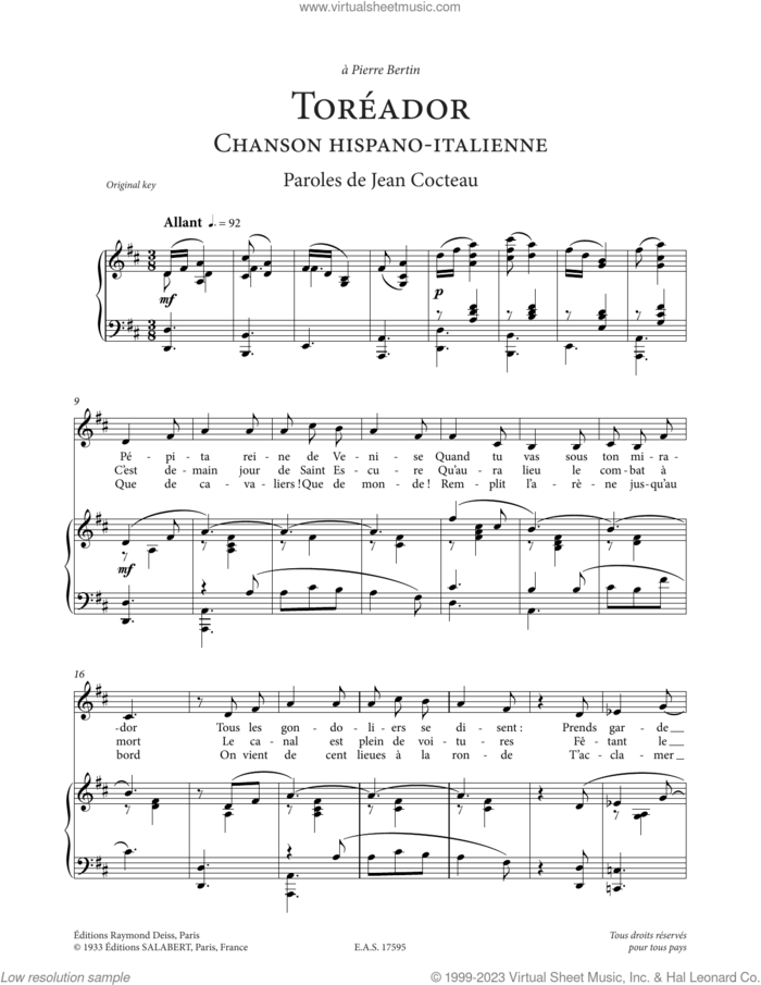 Toreador sheet music for voice and piano by Francis Poulenc and Jean Cocteau, classical score, intermediate skill level