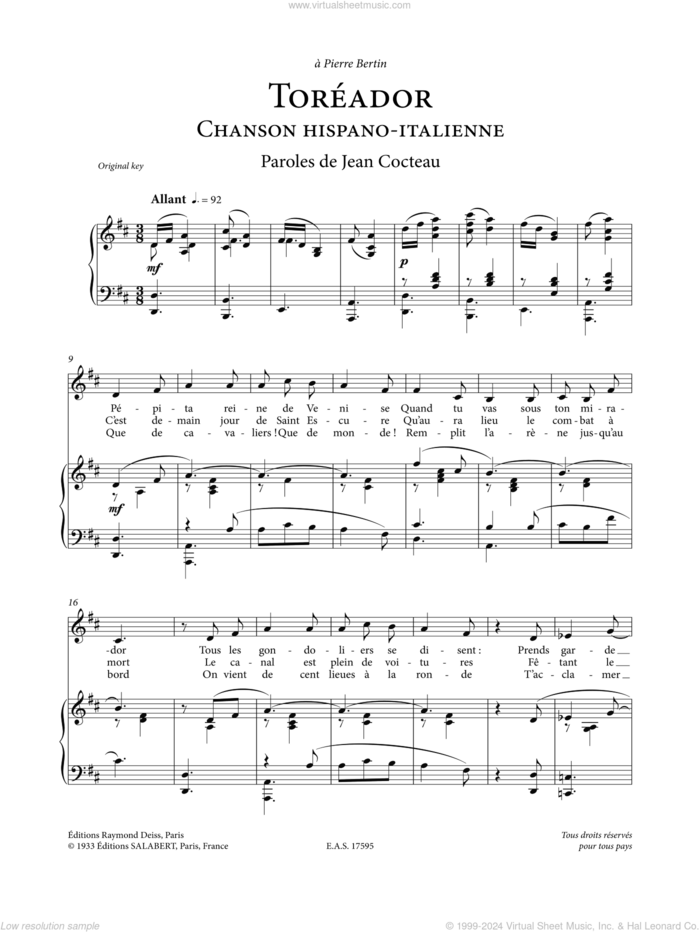 Toreador sheet music for voice and piano by Francis Poulenc and Jean Cocteau, classical score, intermediate skill level