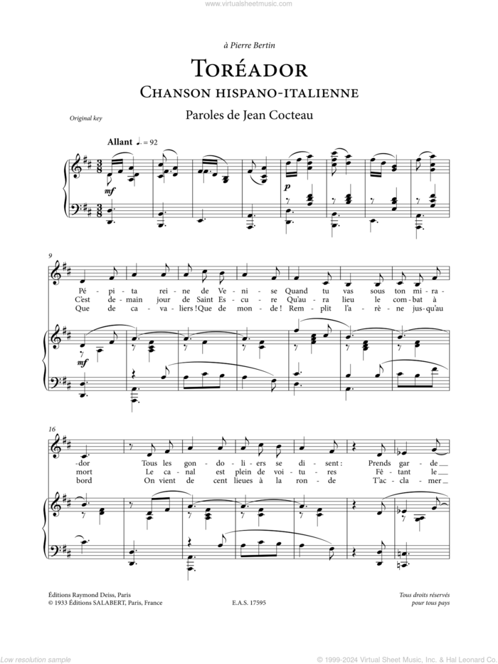 Toreador sheet music for voice and piano by Francis Poulenc and Jean Cocteau, classical score, intermediate skill level