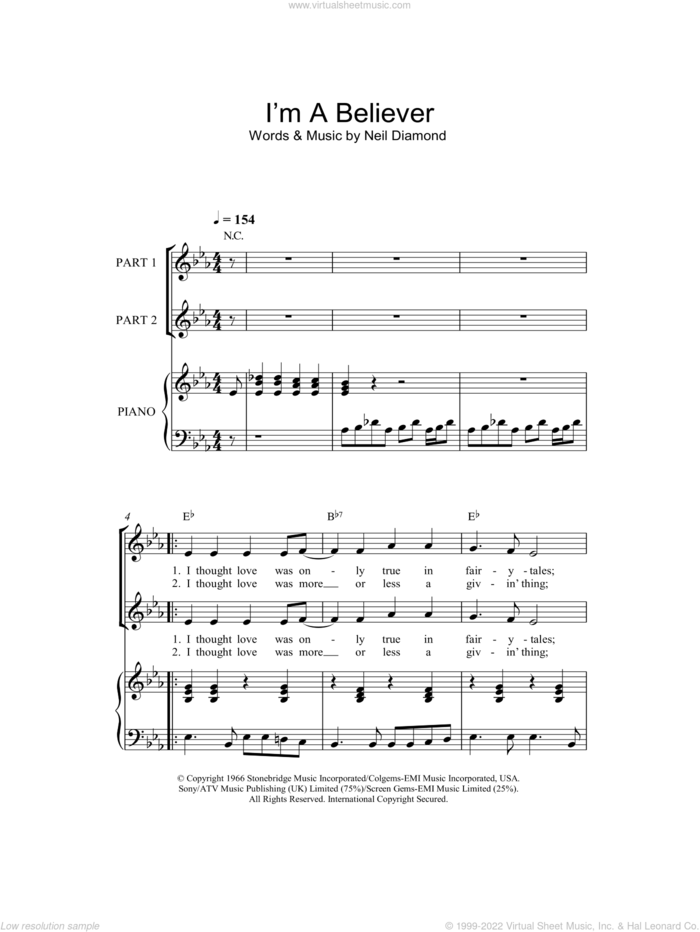 I'm A Believer (arr. Rick Hein) sheet music for choir (2-Part) by The Monkees, Rick Hein and Neil Diamond, intermediate duet