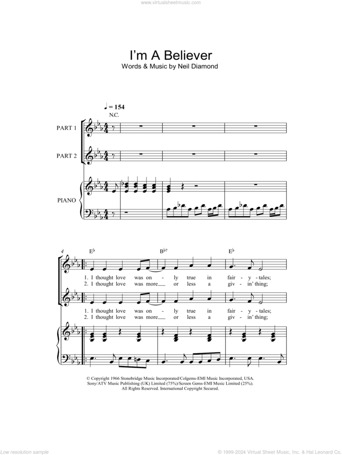 I'm A Believer (arr. Rick Hein) sheet music for choir (2-Part) by The Monkees, Rick Hein and Neil Diamond, intermediate duet