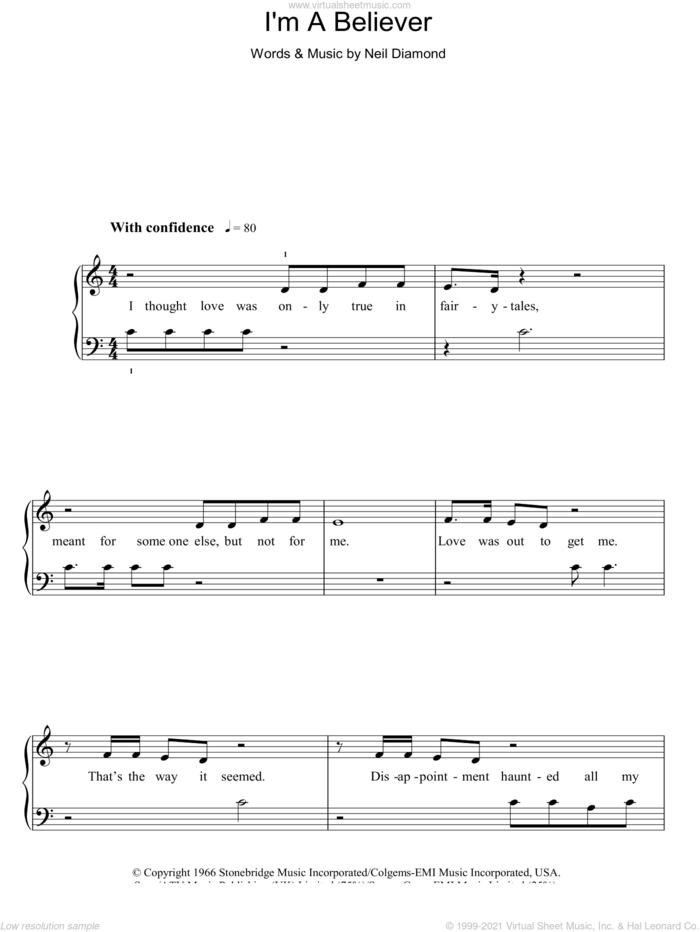 I'm A Believer sheet music for piano solo by The Monkees and Neil Diamond, easy skill level