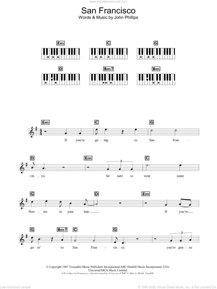 San Francisco (Be Sure To Wear Some Flowers In Your Hair), (intermediate) sheet music for piano solo (chords, lyrics, melody) by Scott McKenzie and John Phillips, intermediate piano (chords, lyrics, melody)