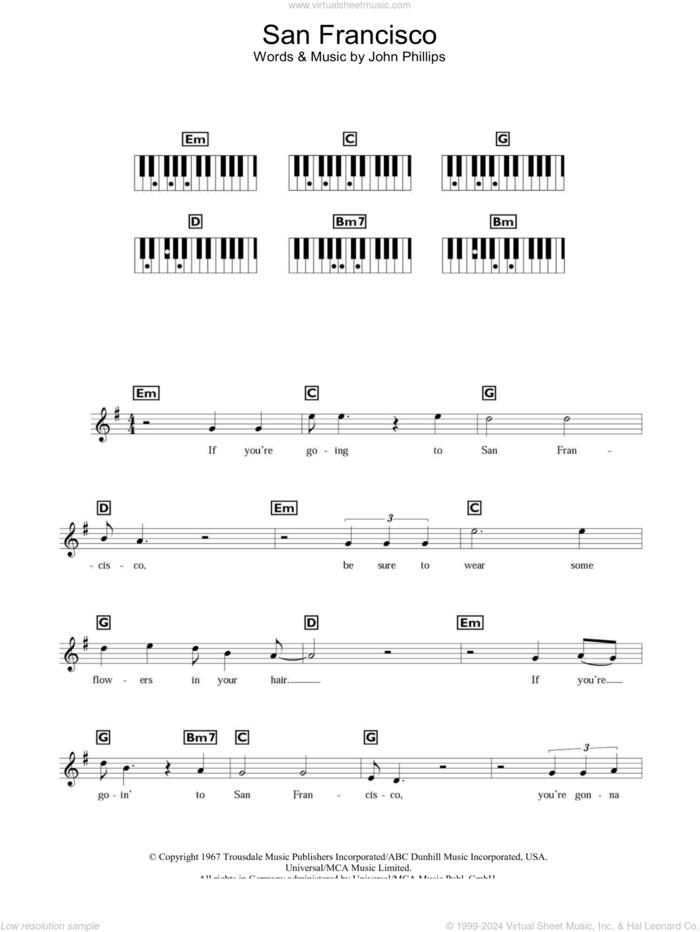 San Francisco (Be Sure To Wear Some Flowers In Your Hair), (intermediate) sheet music for piano solo (chords, lyrics, melody) by Scott McKenzie and John Phillips, intermediate piano (chords, lyrics, melody)