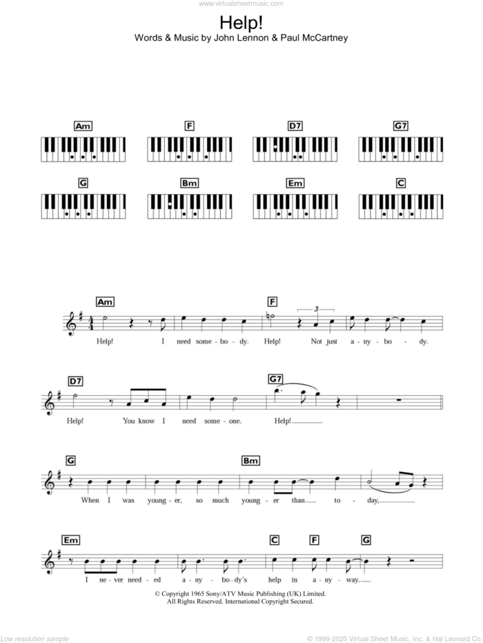 Help!, (intermediate) sheet music for piano solo (chords, lyrics, melody) by The Beatles, John Lennon and Paul McCartney, intermediate piano (chords, lyrics, melody)