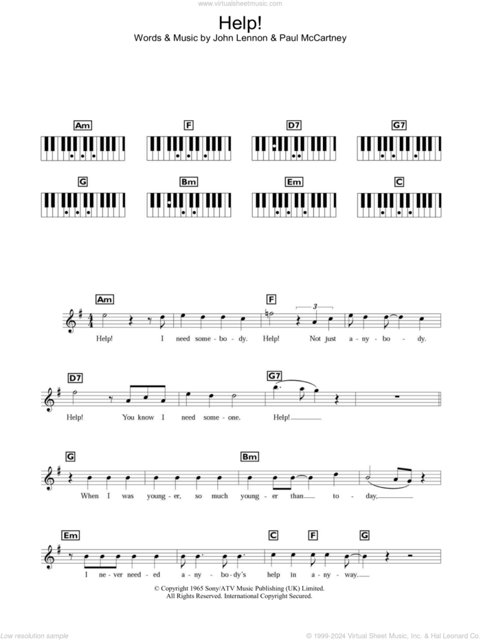 Help!, (intermediate) sheet music for piano solo (chords, lyrics, melody) by The Beatles, John Lennon and Paul McCartney, intermediate piano (chords, lyrics, melody)