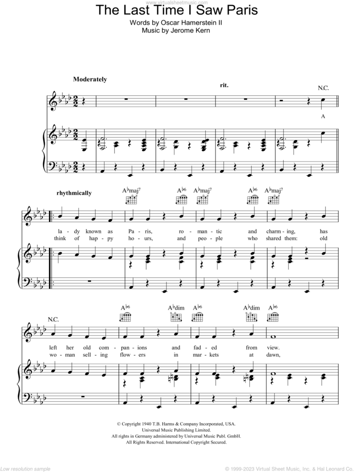 The Last Time I Saw Paris sheet music for voice, piano or guitar by Jerome Kern and Oscar Hammerstein, intermediate skill level