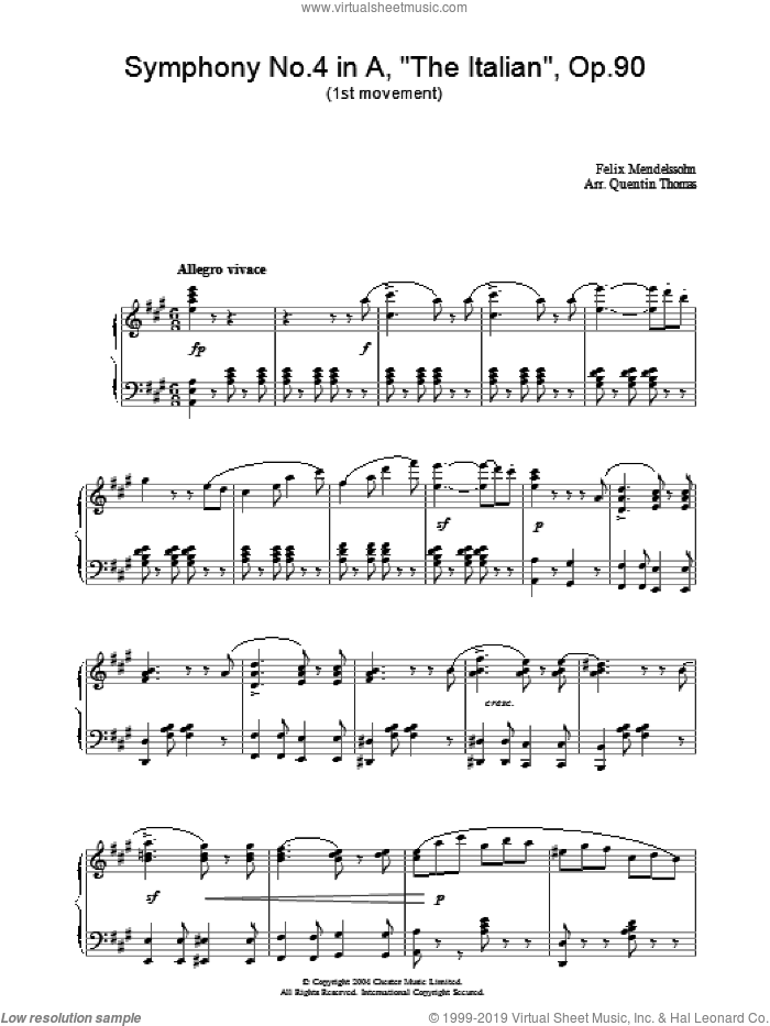 Symphony No.4 in A, 'The Italian', Op.90 (1st Movement) sheet music for piano solo by Felix Mendelssohn-Bartholdy, classical score, intermediate skill level