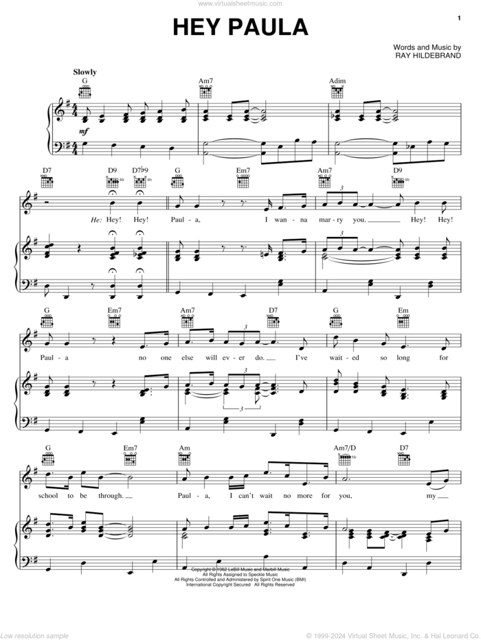 Hey Paula sheet music for voice, piano or guitar by Paul & Paula and Ray Hildebrand, intermediate skill level