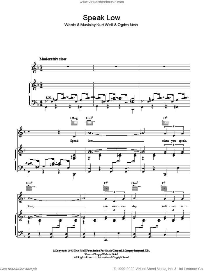 Speak Low sheet music for voice, piano or guitar by Kurt Weill and Ogden Nash, intermediate skill level