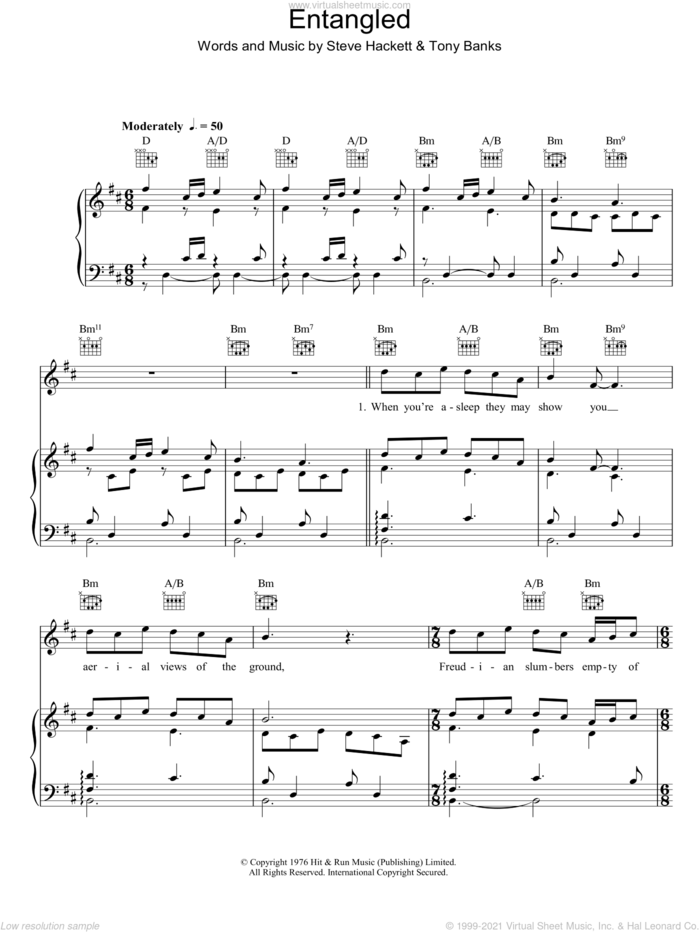 Entangled sheet music for voice, piano or guitar by Genesis, Steve Hackett and Tony Banks, intermediate skill level
