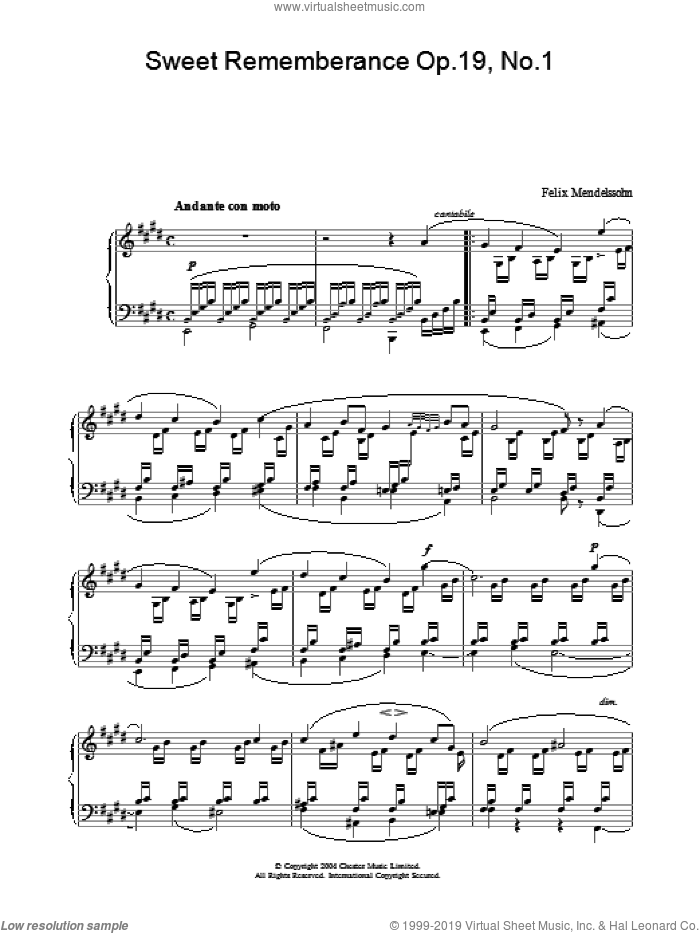 Sweet Rememberance Op.19, No.1 sheet music for piano solo by Felix Mendelssohn-Bartholdy, classical score, intermediate skill level