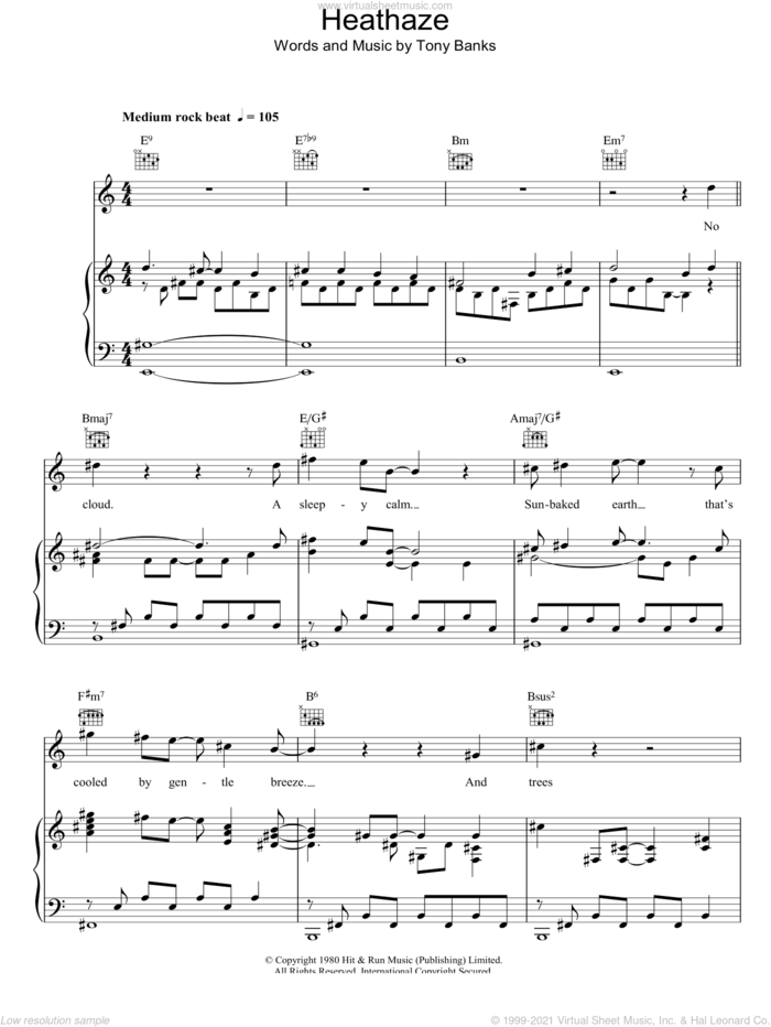 Heathaze sheet music for voice, piano or guitar by Genesis and Tony Banks, intermediate skill level