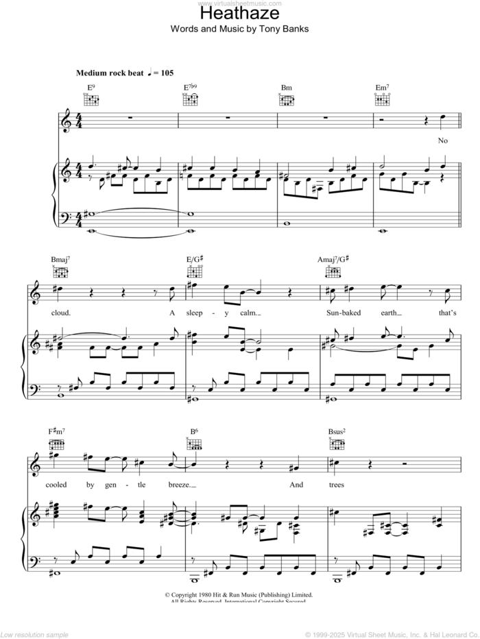 Heathaze sheet music for voice, piano or guitar by Genesis and Tony Banks, intermediate skill level