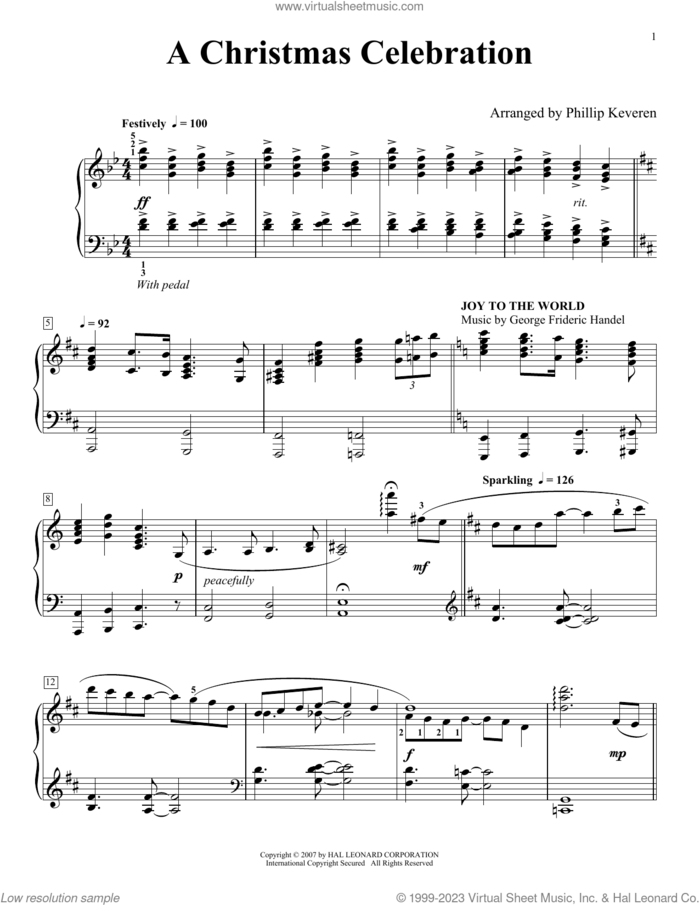 A Christmas Celebration (arr. Phillip Keveren) sheet music for piano solo by George Frideric Handel, Phillip Keveren, John Francis Wade, Lowell Mason and Miscellaneous, intermediate skill level