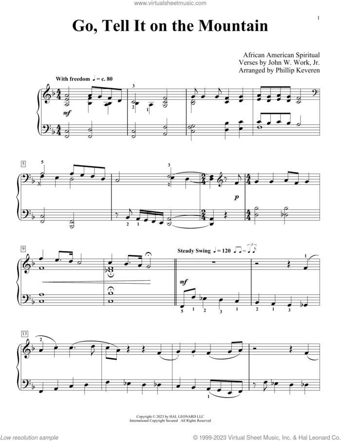 Go, Tell It On The Mountain (arr. Phillip Keveren) sheet music for piano solo by John W. Work, Jr., Phillip Keveren and Miscellaneous, intermediate skill level