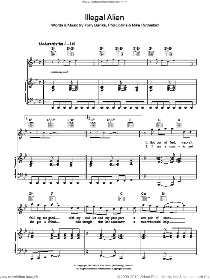 Illegal Alien sheet music for voice, piano or guitar by Genesis, Mike Rutherford, Phil Collins and Tony Banks, intermediate skill level