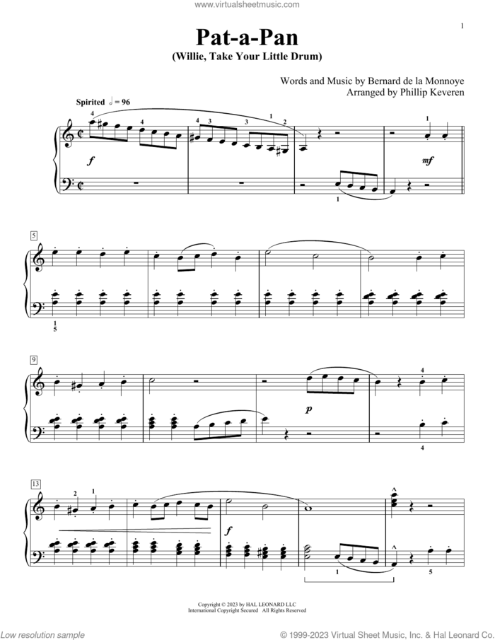 Pat-A-Pan (Willie, Take Your Little Drum) (arr. Phillip Keveren), (intermediate) sheet music for piano solo by Bernard de la Monnoye and Phillip Keveren, intermediate skill level