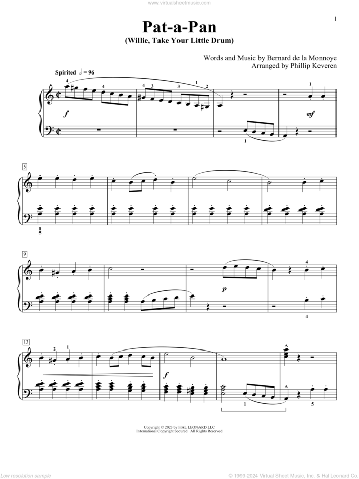 Pat-A-Pan (Willie, Take Your Little Drum) (arr. Phillip Keveren), (intermediate) sheet music for piano solo by Bernard de la Monnoye and Phillip Keveren, intermediate skill level