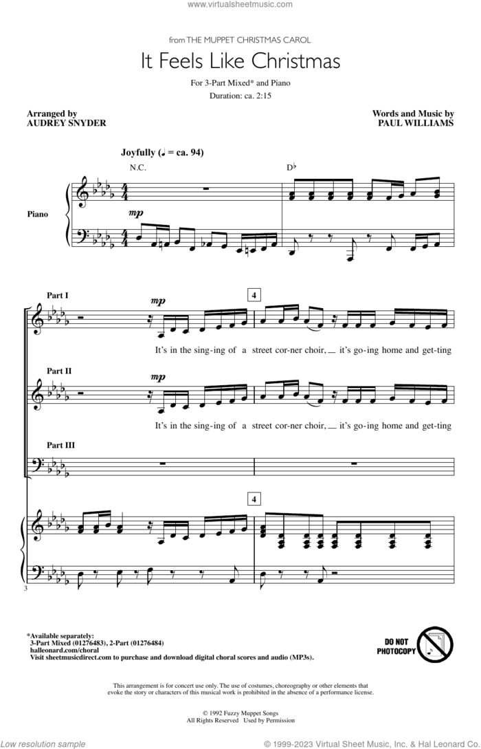It Feels Like Christmas (from The Muppet Christmas Carol) (arr. Audrey Snyder) sheet music for choir (3-Part Mixed) by Paul Williams and Audrey Snyder, intermediate skill level