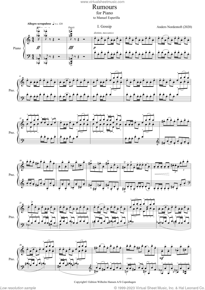 Rumours sheet music for piano solo by Anders Nordentoft, classical score, intermediate skill level