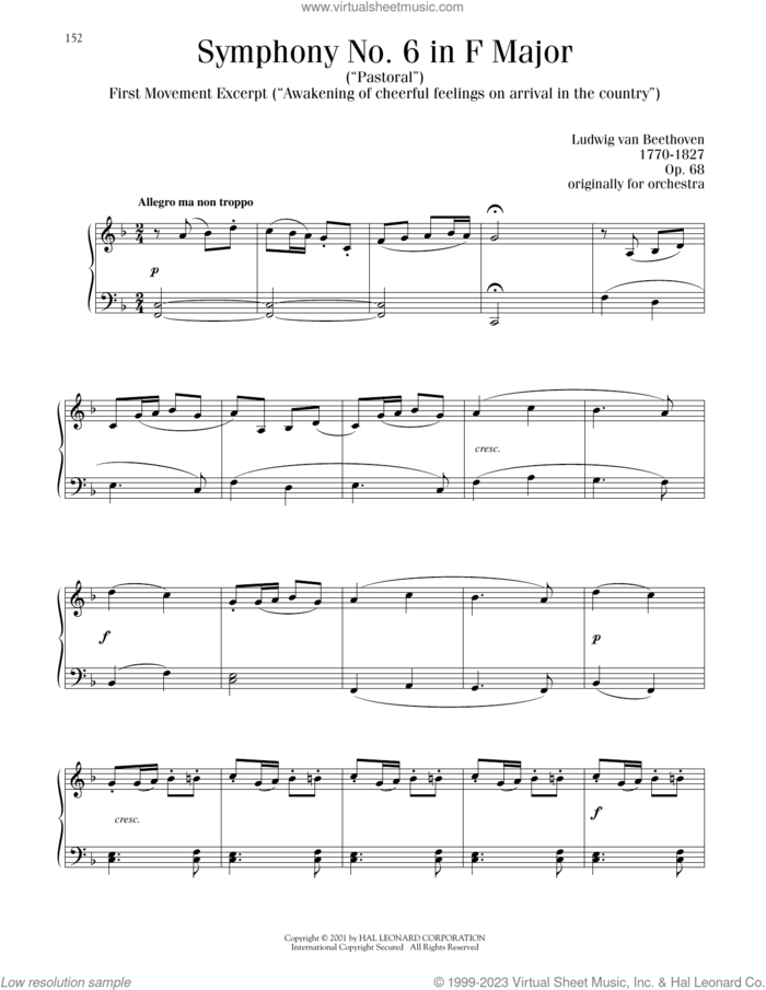 Symphony No. 6 In F Major ('Pastoral'), First Movement Excerpt, (intermediate) sheet music for piano solo by Ludwig van Beethoven, classical score, intermediate skill level