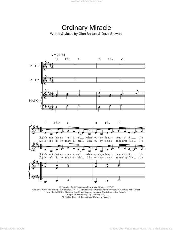 Ordinary Miracle (arr. Rick Hein) sheet music for choir (2-Part) by Sarah McLachlan, Rick Hein, Dave Stewart and Glen Ballard, intermediate duet