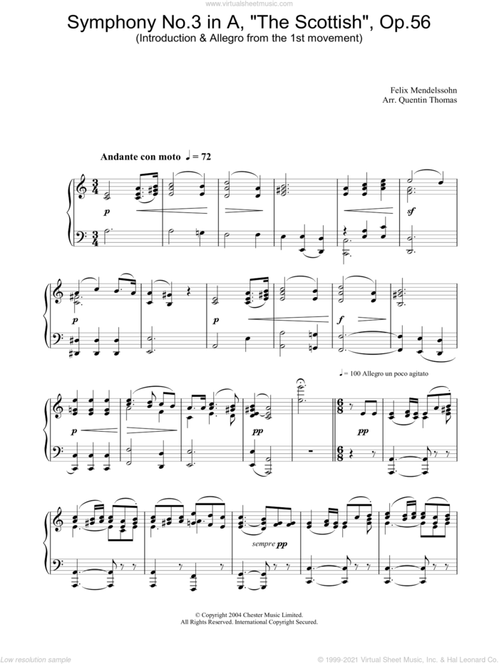 Symphony No.3 in A, 'The Scottish', Op.56 (Introduction and Allegro from the 1st movement) sheet music for piano solo by Felix Mendelssohn-Bartholdy, classical score, intermediate skill level