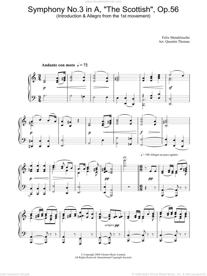 Symphony No.3 in A, 'The Scottish', Op.56 (Introduction and Allegro from the 1st movement) sheet music for piano solo by Felix Mendelssohn-Bartholdy, classical score, intermediate skill level