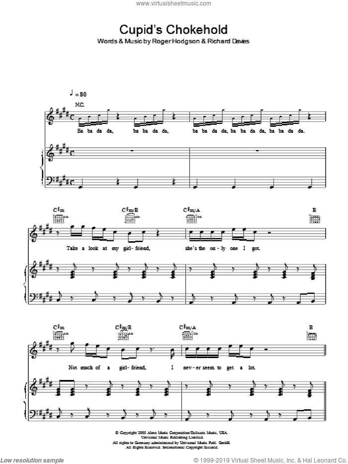 Cupid's Chokehold sheet music for voice, piano or guitar by Gym Class Heroes, Rick Davies and Roger Hodgson, intermediate skill level