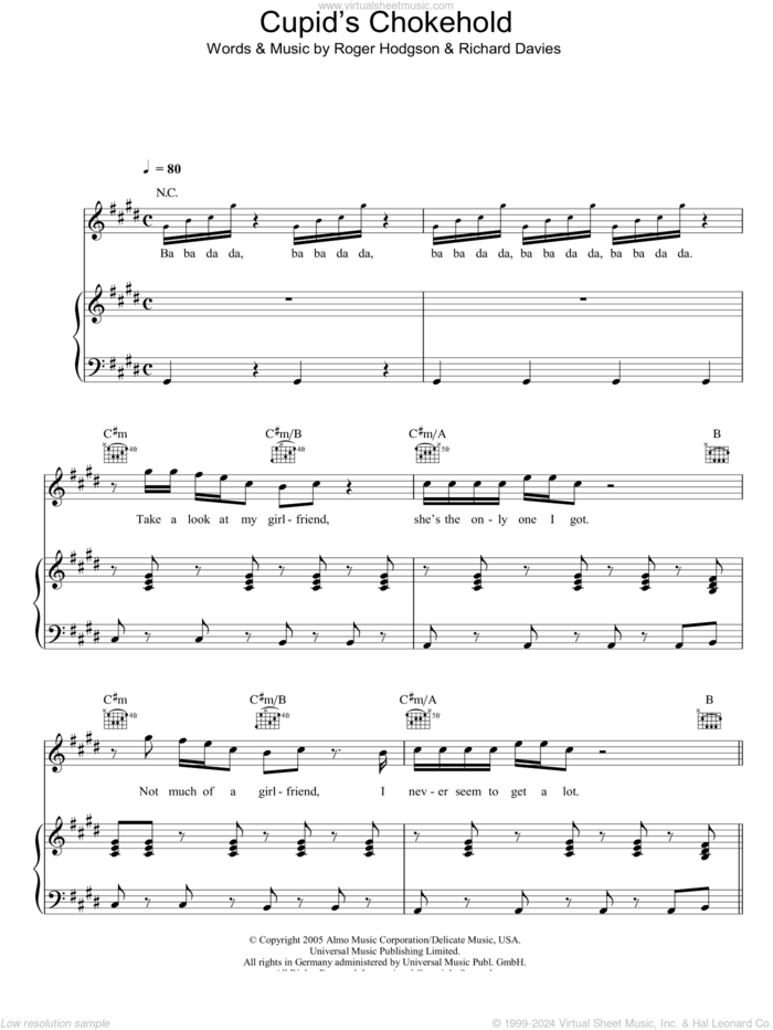 Cupid's Chokehold sheet music for voice, piano or guitar by Gym Class Heroes, Rick Davies and Roger Hodgson, intermediate skill level