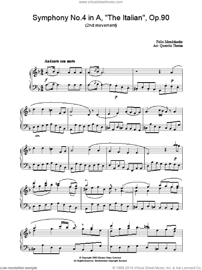 Symphony No.4 in A, 'The Italian', Op.90 (2nd Movement) sheet music for piano solo by Felix Mendelssohn-Bartholdy, classical score, intermediate skill level