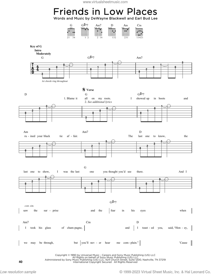 Friends In Low Places sheet music for guitar solo by Garth Brooks, DeWayne Blackwell and Earl Bud Lee, intermediate skill level
