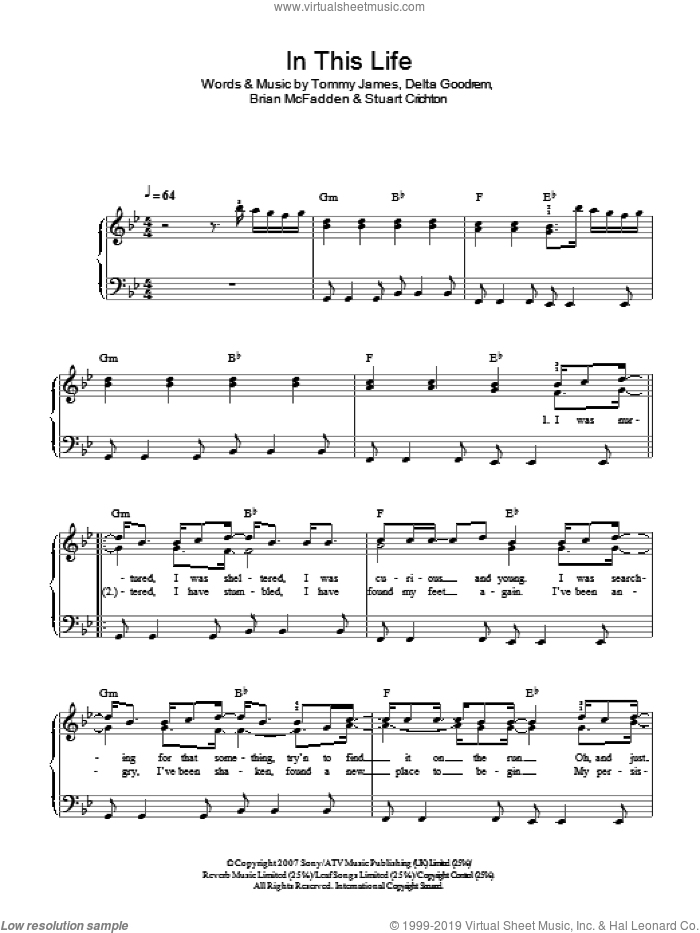 In This Life sheet music for piano solo by Delta Goodrem, Brian McFadden, Stuart Crichton and Tommy James, easy skill level