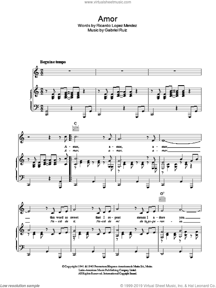 Amor sheet music for voice, piano or guitar by Gabriel Ruiz and Ricardo Lopez Mendez, intermediate skill level