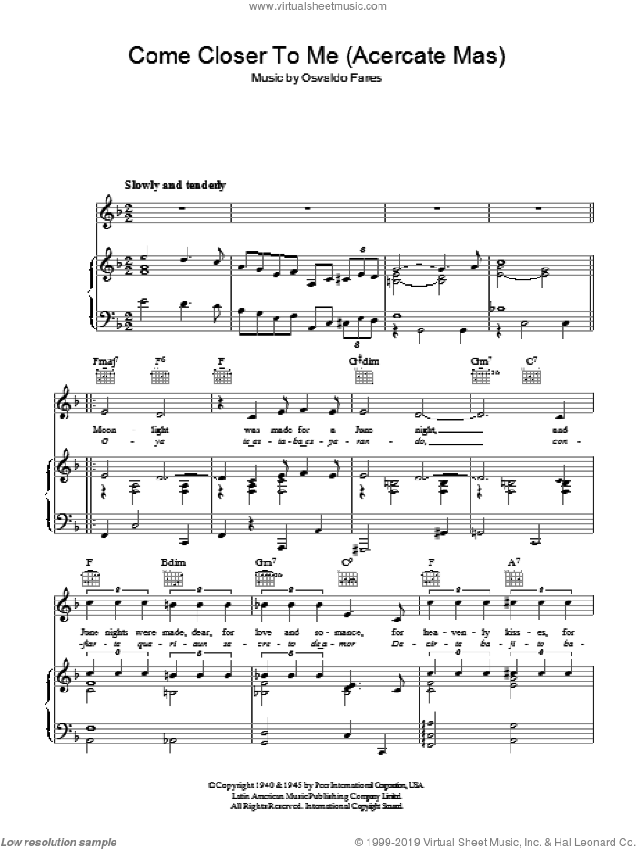 Come Closer To Me (Acercate Mas) sheet music for voice, piano or guitar by Nat King Cole and Osvaldo Farres, intermediate skill level