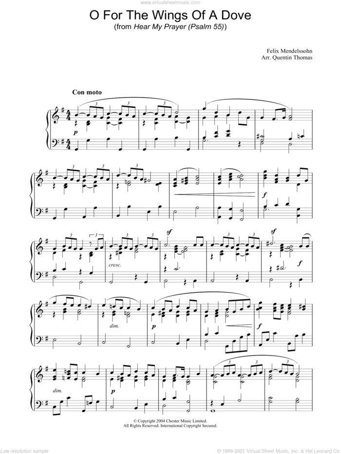 O For The Wings Of A Dove sheet music for piano solo by Felix Mendelssohn-Bartholdy, classical score, intermediate skill level