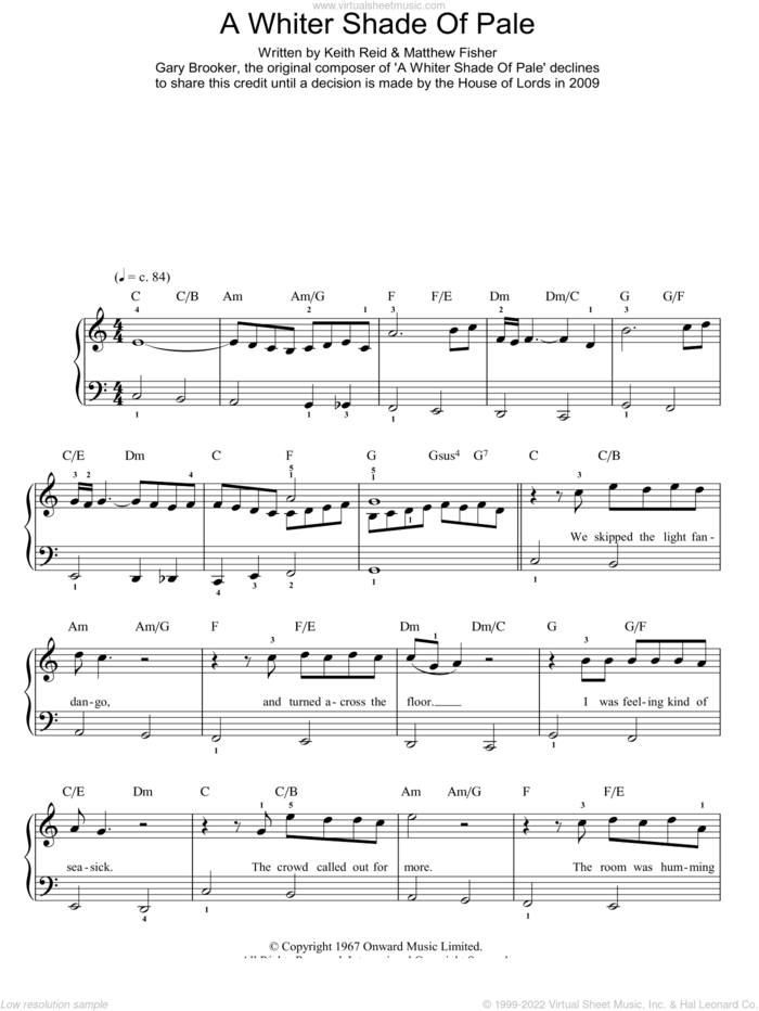 A Whiter Shade Of Pale, (easy) sheet music for piano solo by Procol Harum, Gary Brooker, Matthew Fisher and Keith Reid, wedding score, easy skill level