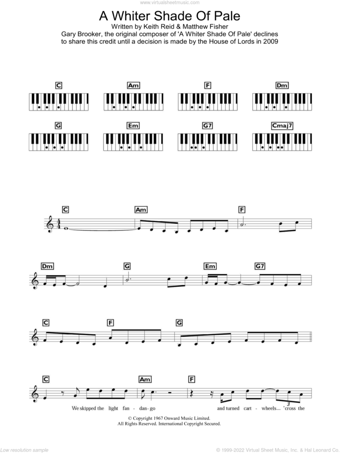 A Whiter Shade Of Pale, (intermediate) sheet music for piano solo (chords, lyrics, melody) by Procol Harum, Gary Brooker, Keith Reid and Matthew Fisher, wedding score, intermediate piano (chords, lyrics, melody)