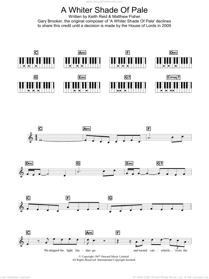 A Whiter Shade Of Pale, (intermediate) sheet music for piano solo (chords, lyrics, melody) by Procol Harum, Gary Brooker, Keith Reid and Matthew Fisher, wedding score, intermediate piano (chords, lyrics, melody)