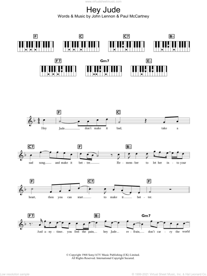 Hey Jude sheet music for piano solo (chords, lyrics, melody) by The Beatles, John Lennon and Paul McCartney, intermediate piano (chords, lyrics, melody)