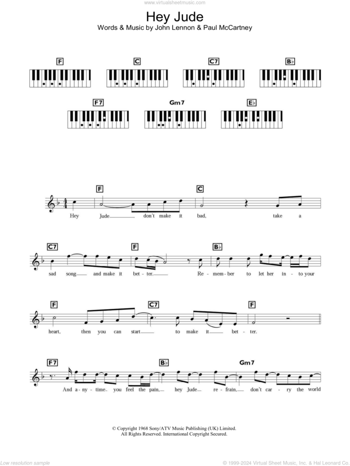 Hey Jude sheet music for piano solo (chords, lyrics, melody) by The Beatles, John Lennon and Paul McCartney, intermediate piano (chords, lyrics, melody)