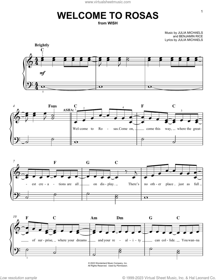 Welcome to Rosas (from Wish) sheet music for piano solo by Ariana DeBose and The Cast Of Wish, Benjamin Rice and Julia Michaels, easy skill level