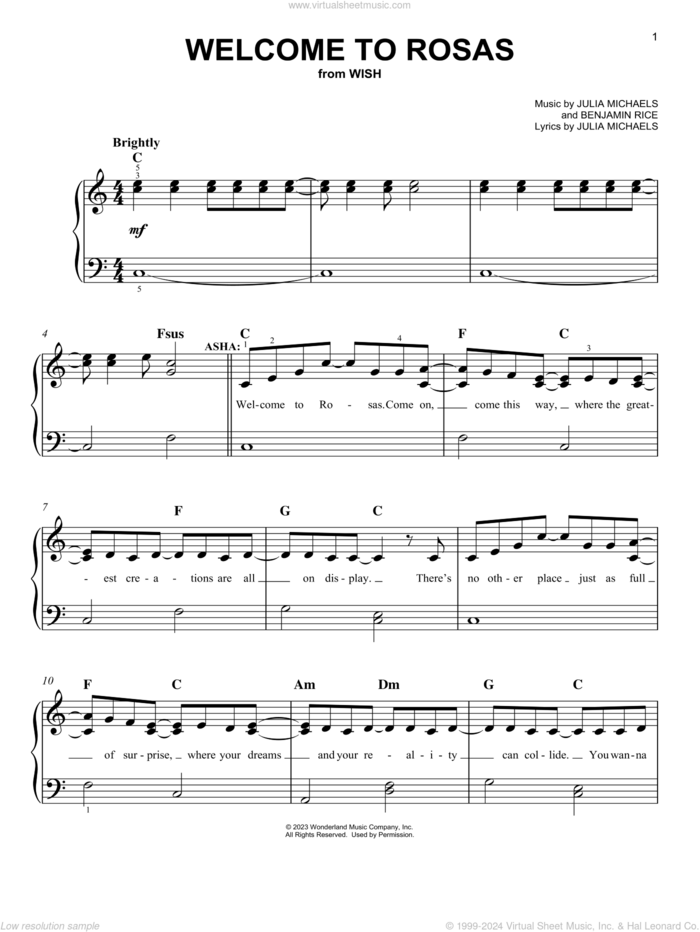 Welcome to Rosas (from Wish) sheet music for piano solo by Ariana DeBose and The Cast Of Wish, Benjamin Rice and Julia Michaels, easy skill level