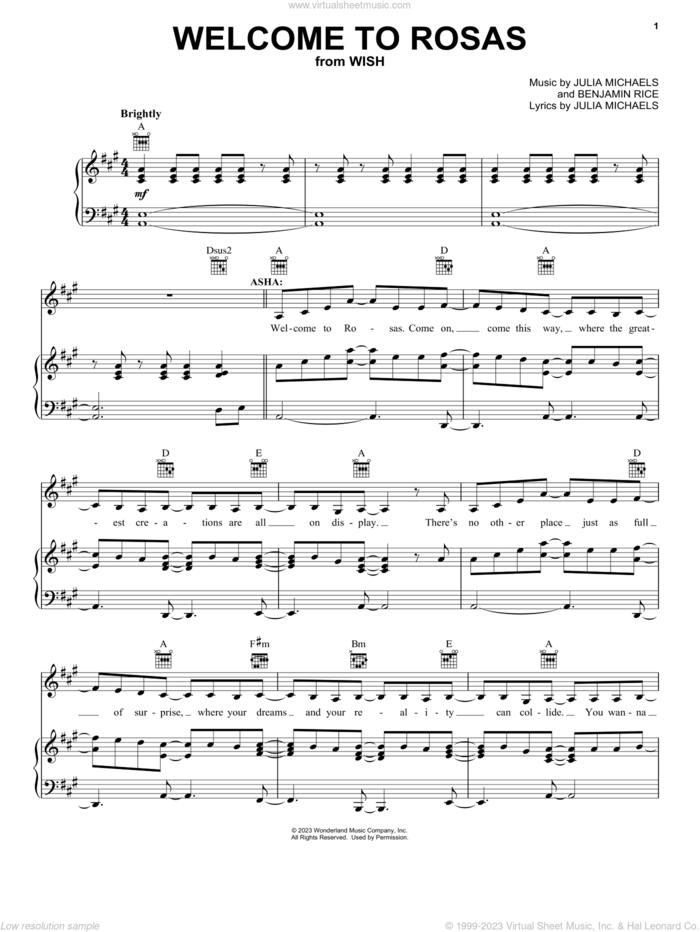 Welcome to Rosas (from Wish) sheet music for voice, piano or guitar by Ariana DeBose and The Cast Of Wish, Benjamin Rice and Julia Michaels, intermediate skill level