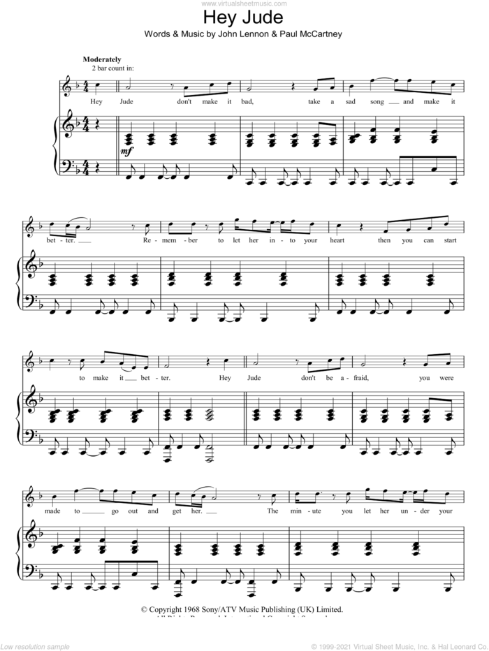 Hey Jude, (easy) sheet music for piano solo by The Beatles, John Lennon and Paul McCartney, easy skill level