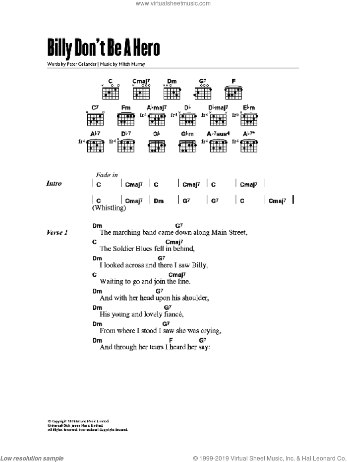 Billy, Don't Be A Hero sheet music for guitar (chords) by Paper Lace, Mitch Murray and Peter Callander, intermediate skill level